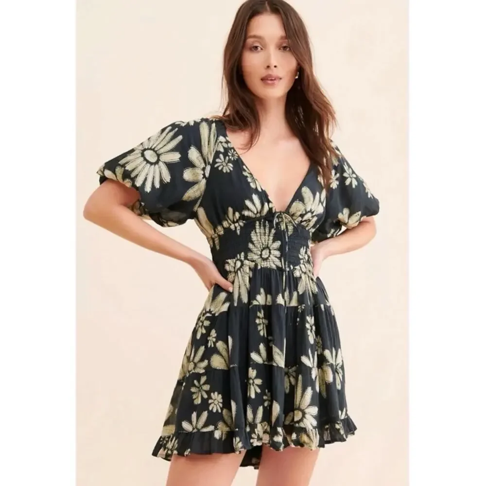Free People Bohemian Floral Flutter Sleeve Perfect Day Printed Mini Dress Medium - Picture 6 of 16